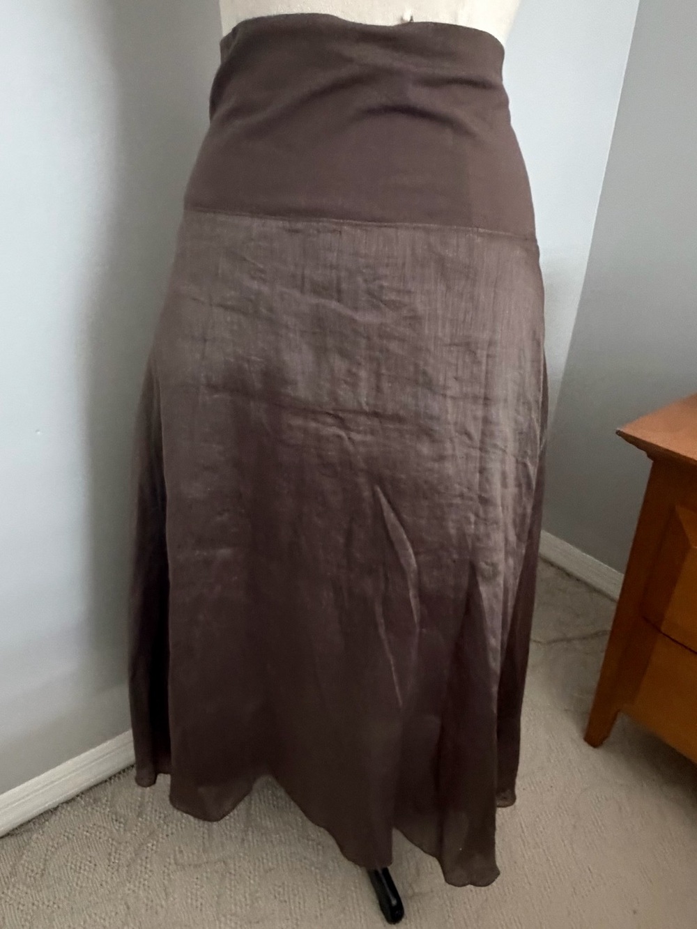Eileen Fisher Dark Brown High-Low linen Satin Skirt - Picture 9 of 16